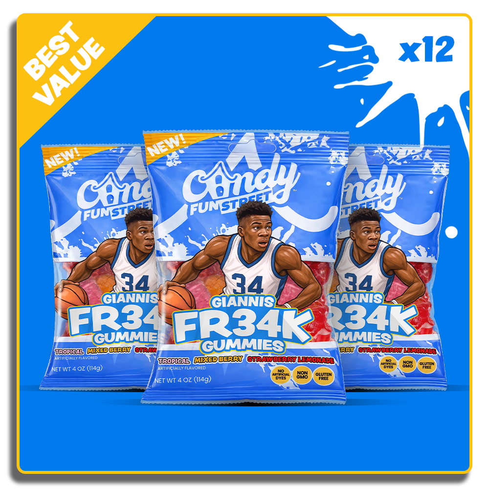 Giannis Antetokounmpo - Giannis Fr34k Gummies Candy Fun Street - Freak Gummies - Giannis Freak Gummies - American Gummies - NBA Gummies - Greek Freak - Sweet Freak - Milwaukee Bucks - Trade rumours - Basketball gummies - American gummy candy - Protein Candy - Gluten Free Candy - Fat Free Candy - Non-GMO Candy - Beef Gelatin Candy - Forbes Candy