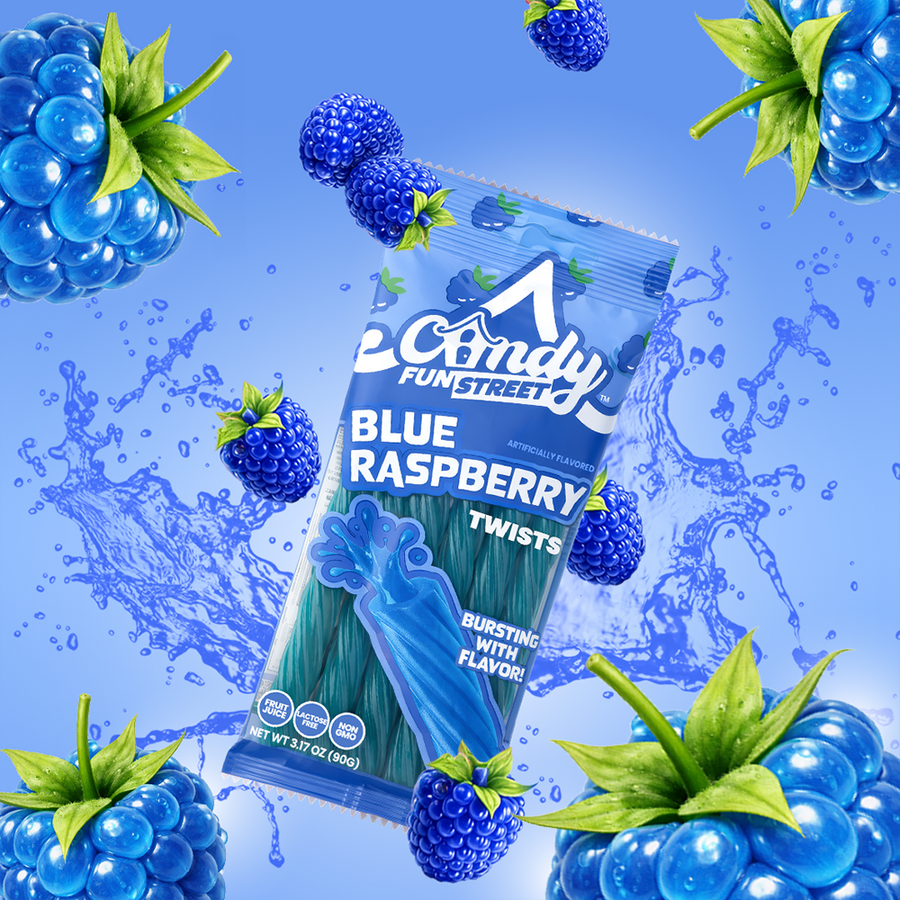 Candy Fun Street Blue Raspberry Twists packaging with blueberries on a blue background
