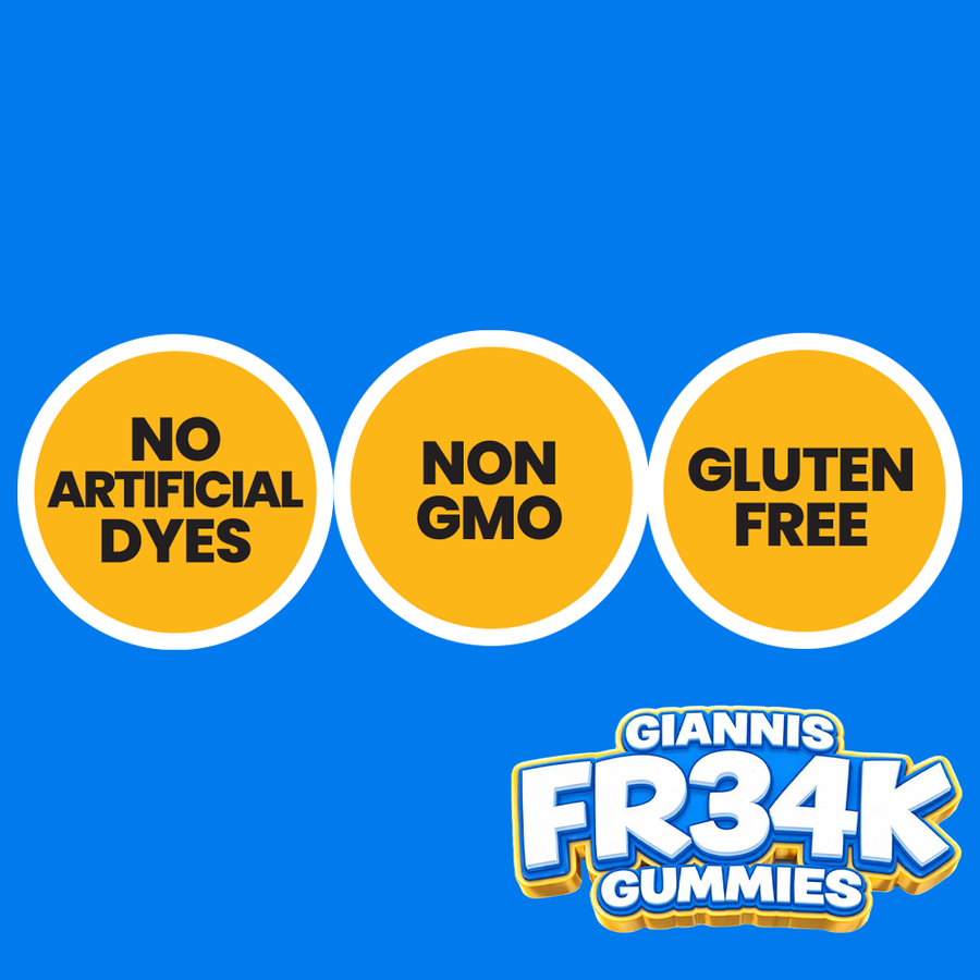 Three yellow circles with text on a blue background, featuring 'No Artificial Dyes', 'Non GMO', and 'Gluten Free'. The brand 'Giannis FR34K Gummies' is displayed at the bottom.