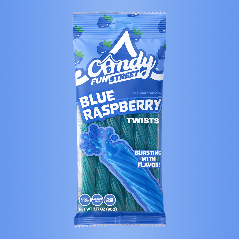Packaged blue raspberry twists from Candy Fun Street on a blue background