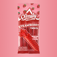 Packaging of Strawberry Twists from Candy Funstreet on a pink background