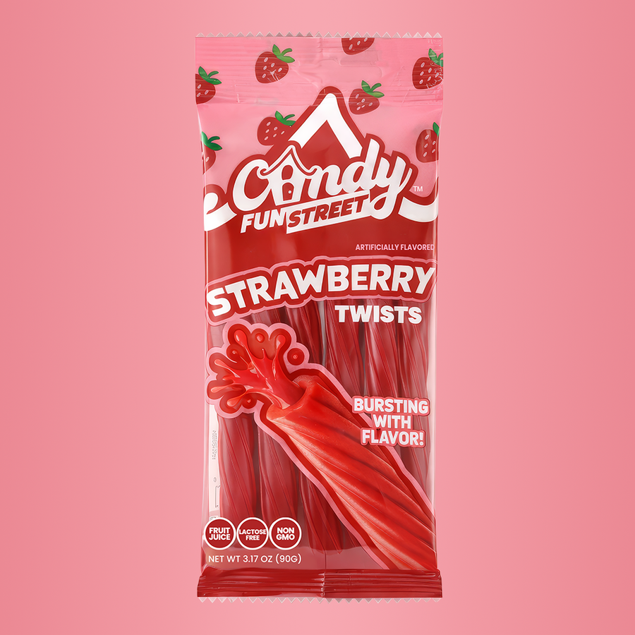 Packaging of Strawberry Twists from Candy Funstreet on a pink background