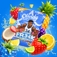 Fruit-themed candy package with a sports player on a blue background